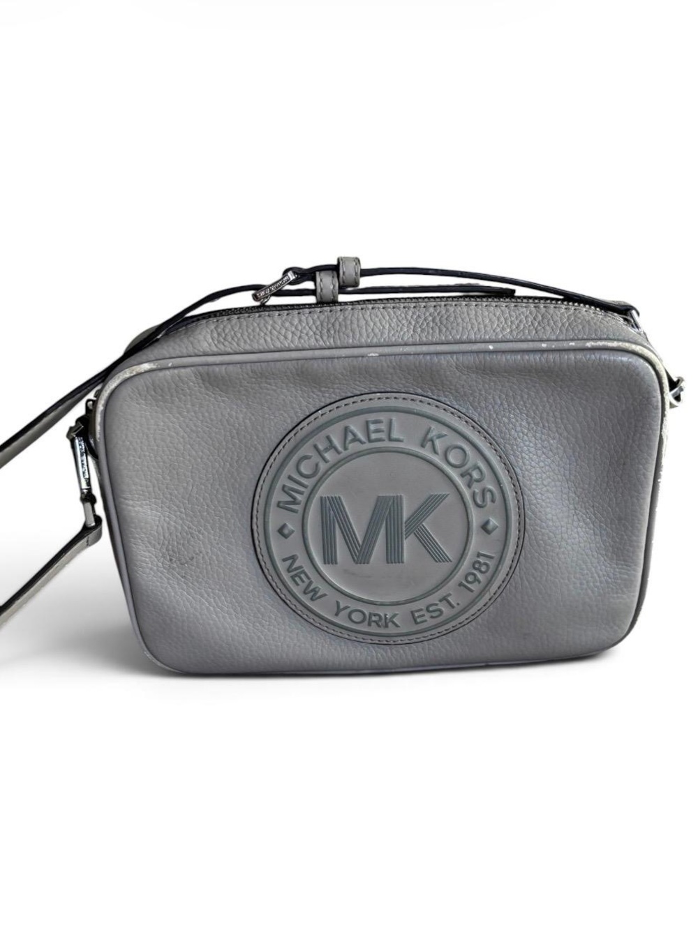 Michael Kors Fulton Gray Pebbled Leather Camera Crossbody Bag MK Logo Silver
